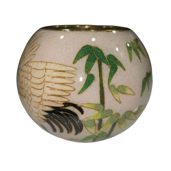 Vintage Plique-à-Jour Cloisonné Glass Candle Holder w/ Crane Pale Pink Luminary - Picture 6 of 11